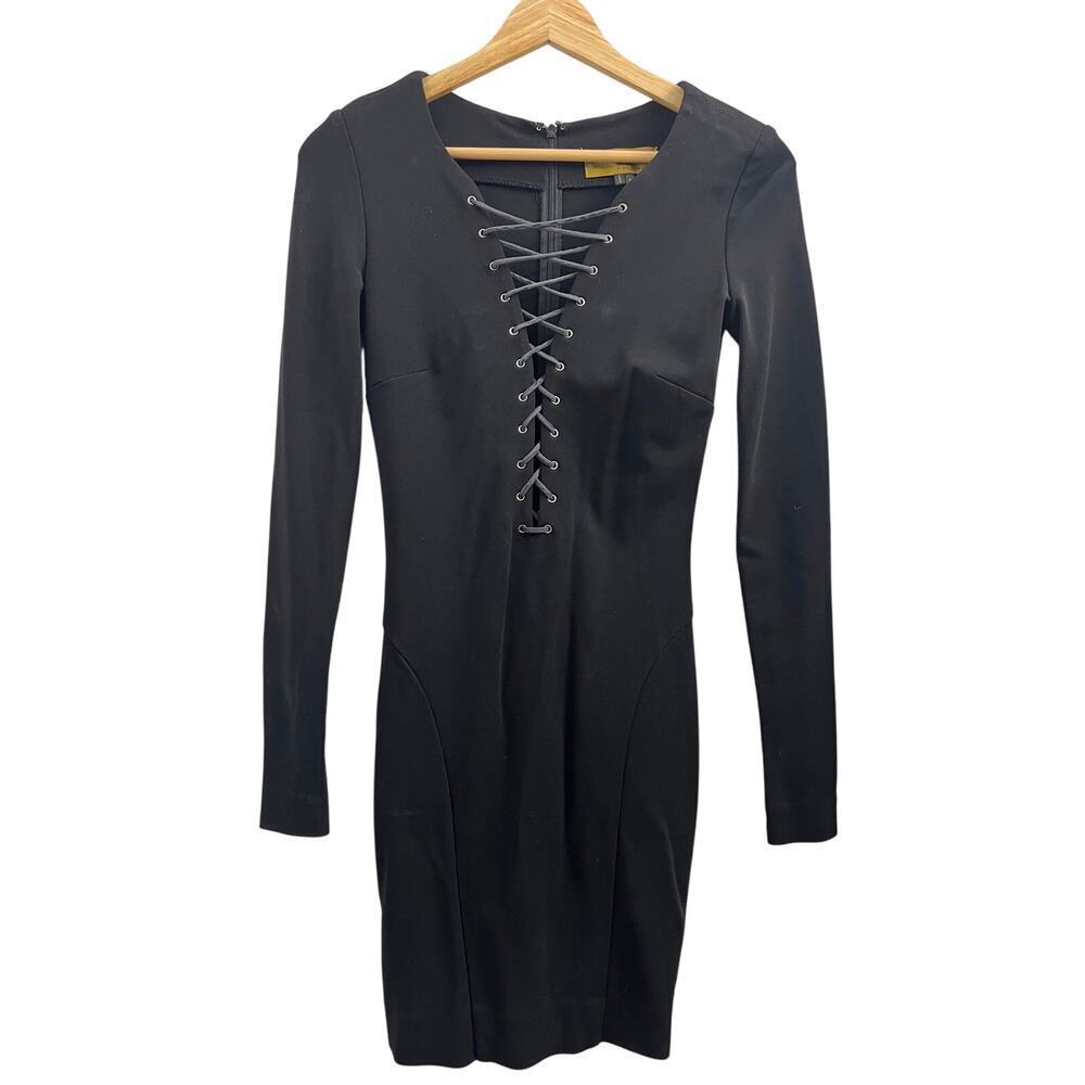 Nicole Miller Lace Up Front Bodycon Long Sleeve Y2K Black Dress Sz 2